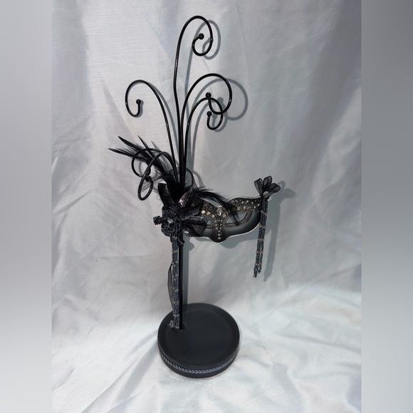 Other - Vintage Gothic Masquerade Mask DecorBlack Wire Scroll Stand – Beaded & Feathered
